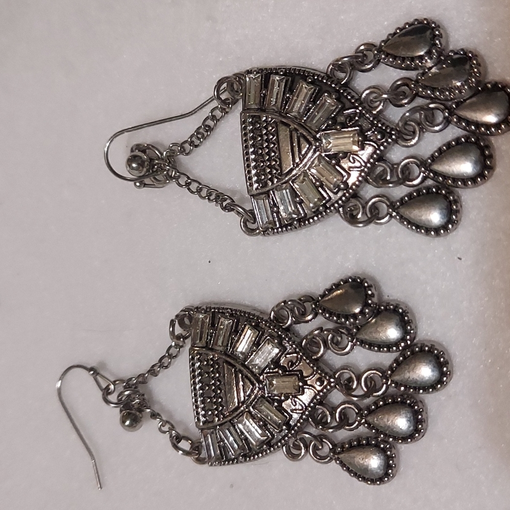 Silvertone Tribal Earrings / Sterling Silver Hooks #54 - Picture 2 of 5